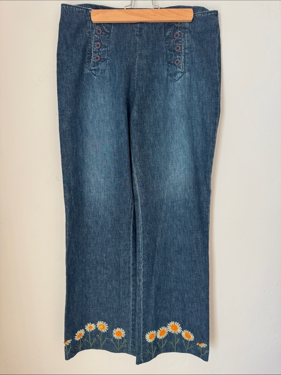 Halogen Denim - Embroidered Daisy Halogen Wide Leg Statement Jeans Sailor Button Denim Pants 10